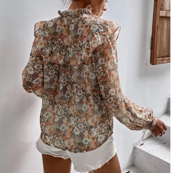 Boho Floral Print Button Down loose Fit Long Sleeve Blouse - Picture 6 of 15
